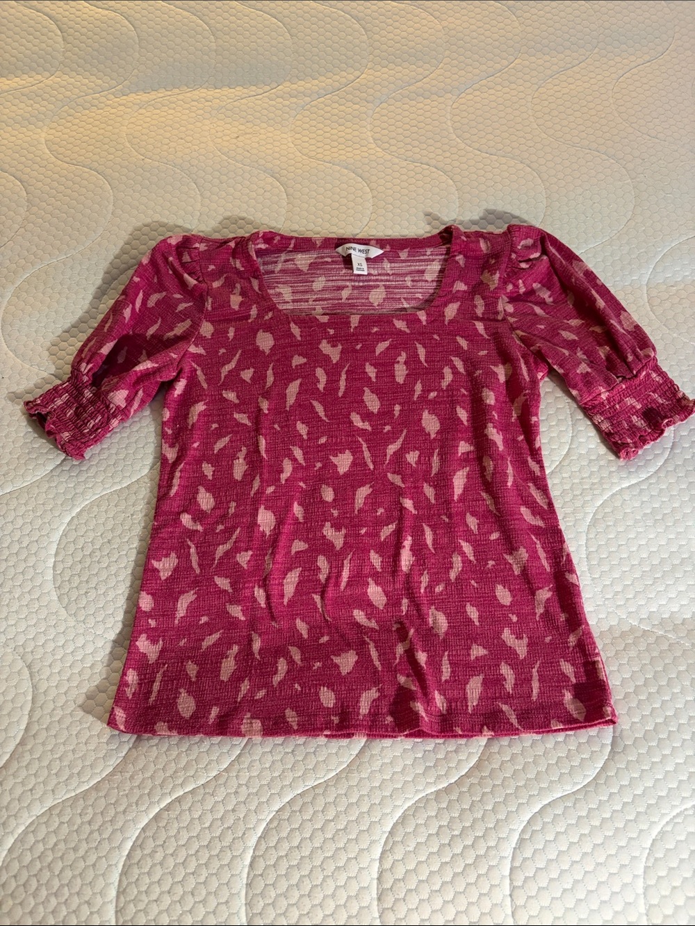 Nine West Pink Patterned Puff-Sleeve Short-Sleeve Top